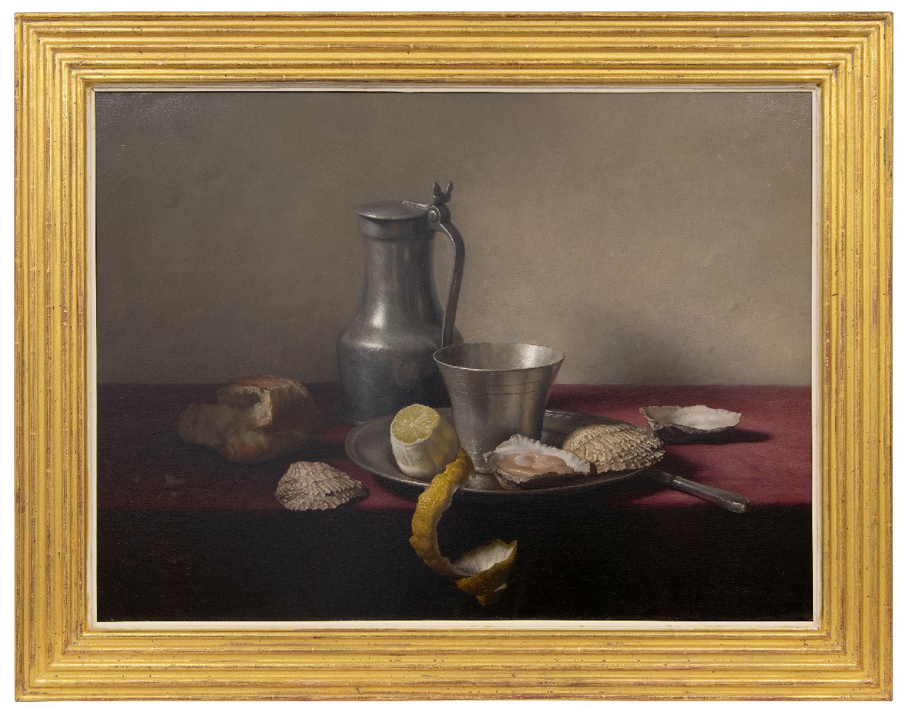 Eversen J.H.  | Johannes Hendrik 'Jan' Eversen | Paintings offered for sale | Still life with pewter, lemon and oysters, oil on canvas 51.0 x 70.8 cm, signed l.r. and dated 1957