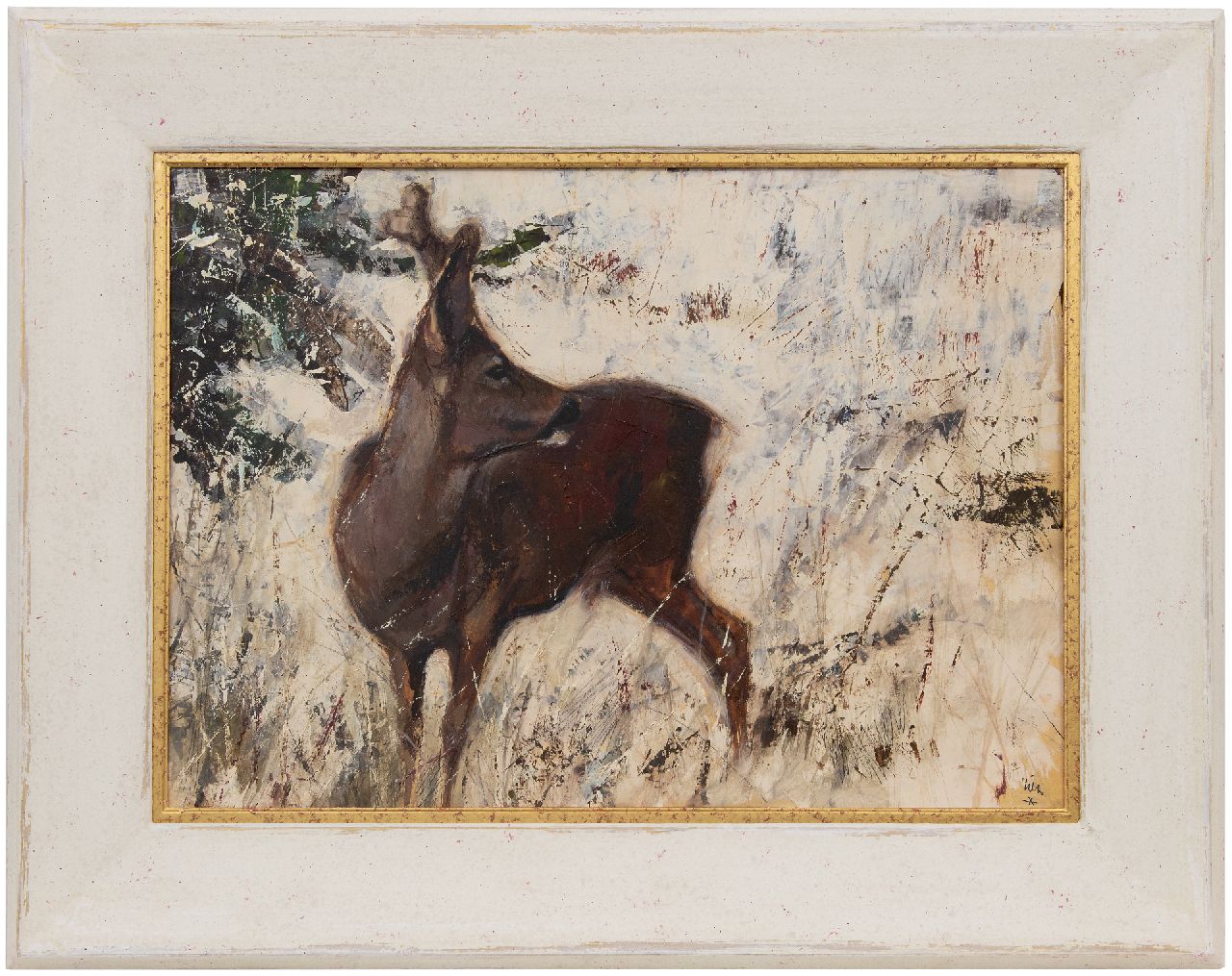 Poortvliet R.  | Rien Poortvliet, Young deer in the snow, oil on panel 50.2 x 70.2 cm, signed l.r.