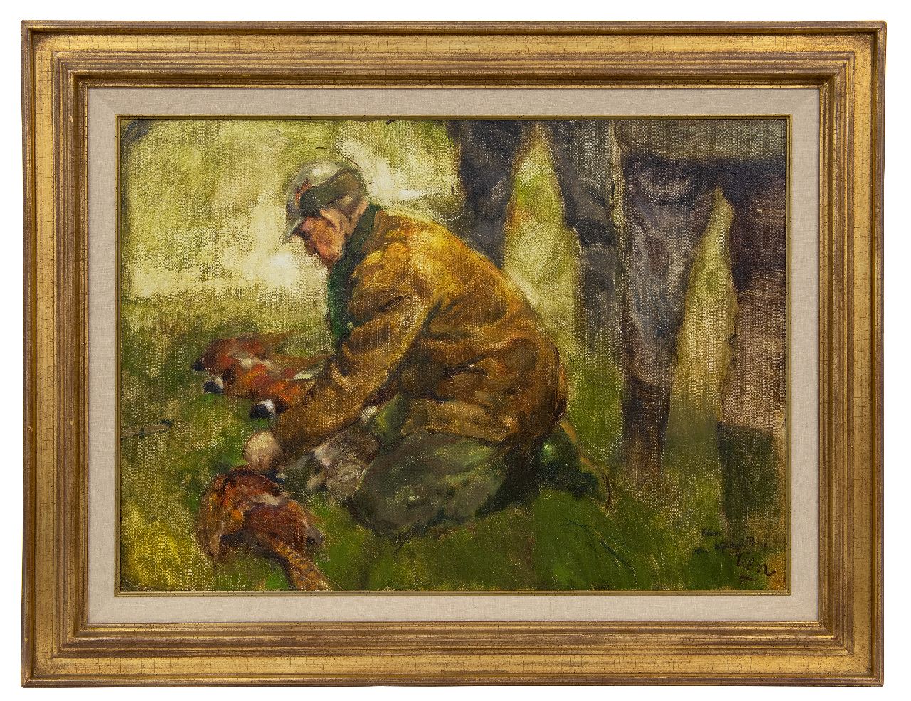 Poortvliet R.  | Rien Poortvliet, Hunter with pheasants, oil on canvas 50.0 x 70.2 cm, signed l.r.