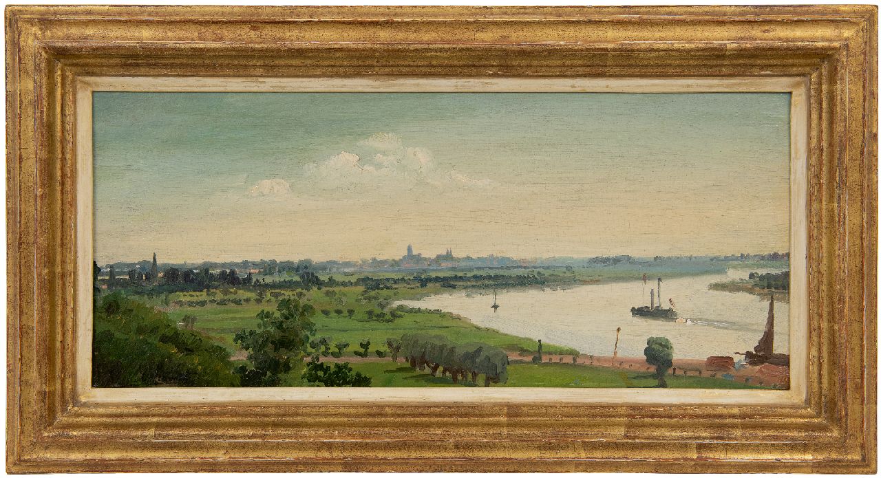Oppenoorth W.J.  | 'Willem' Johannes Oppenoorth | Paintings offered for sale | River landscape in summer, Deventer in the distance, oil on canvas laid down on panel 21.2 x 46.1 cm, signed l.l.