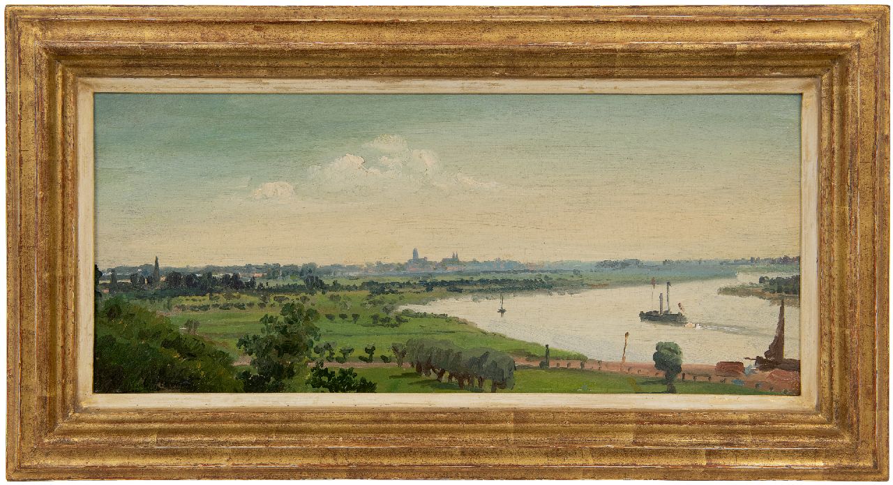 Oppenoorth W.J.  | 'Willem' Johannes Oppenoorth, River landscape in summer, Deventer in the distance, oil on canvas laid down on panel 21.2 x 46.1 cm, signed l.l.