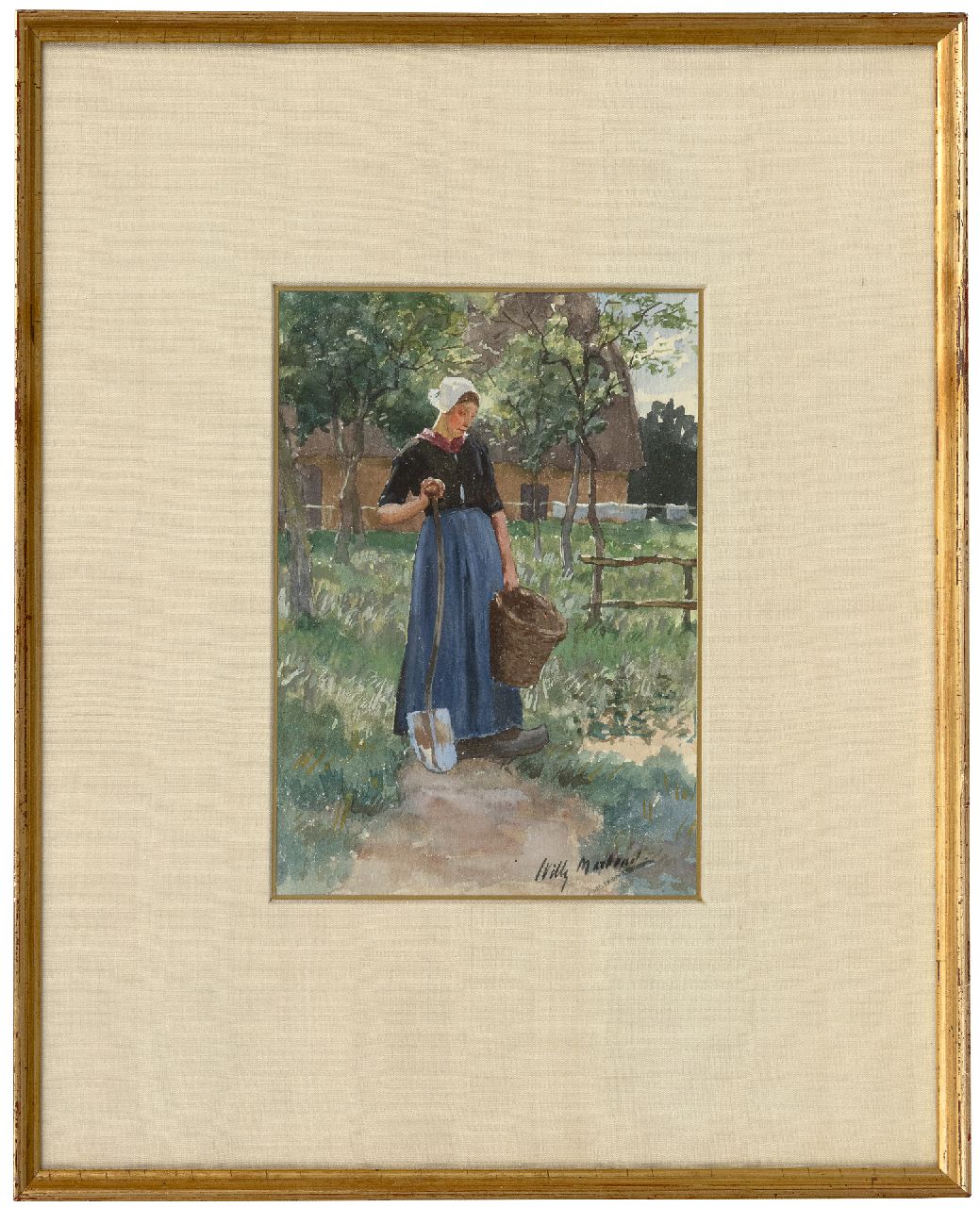 Martens W.  | Willem 'Willy' Martens | Watercolours and drawings offered for sale | Young peasant woman in a vegetable garden, watercolour on paper 18.5 x 13.5 cm, signed l.r.