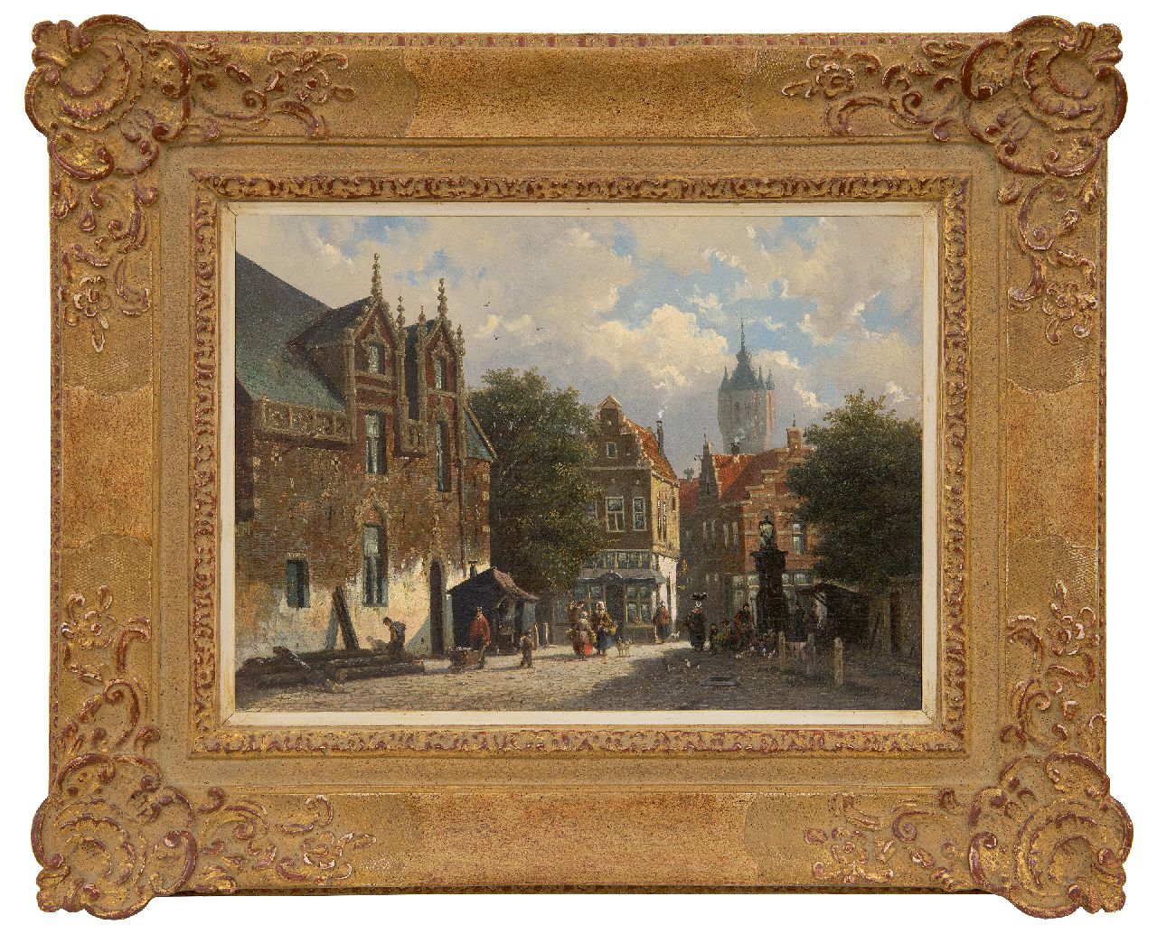 Roosdorp F.  | Frederik Roosdorp | Paintings offered for sale | Sunny cityscape with the Old Church of Delft, oil on canvas 29.2 x 40.0 cm, signed with initials on the reverse