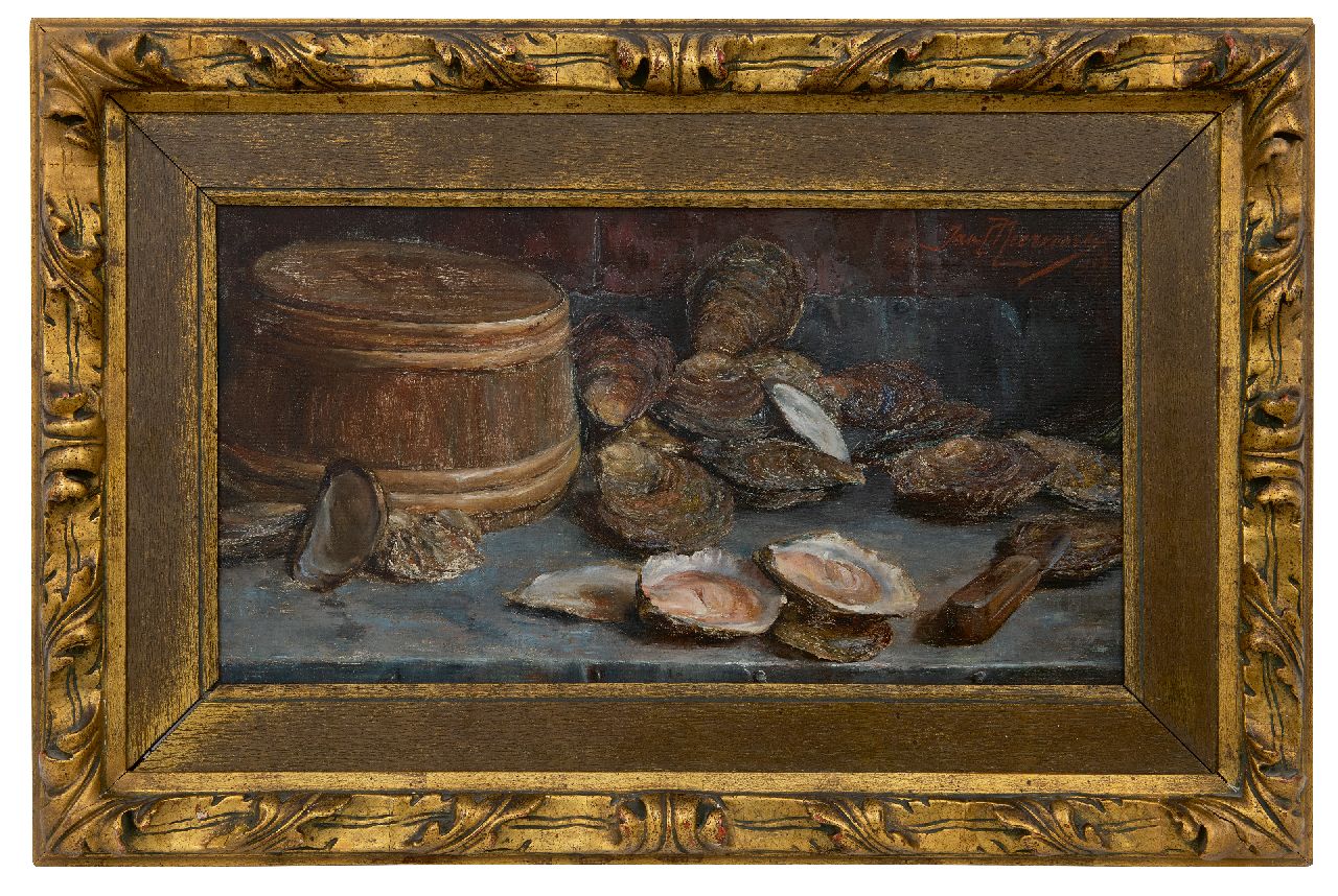 Neervoort J.C.  | Johannes Cornelius 'Jan' Neervoort, Stilllife with oysters, oil on canvas 28.3 x 53.8 cm, signed u.r. and dated 1907