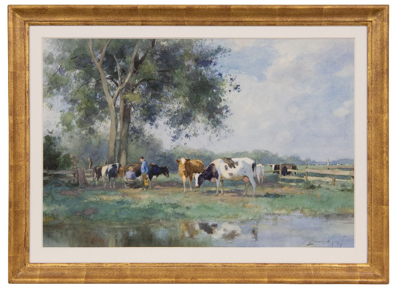Groenewegen A.J.  | Adrianus Johannes Groenewegen, Milking time, watercolour on paper 34.1 x 51.2 cm, signed l.r.