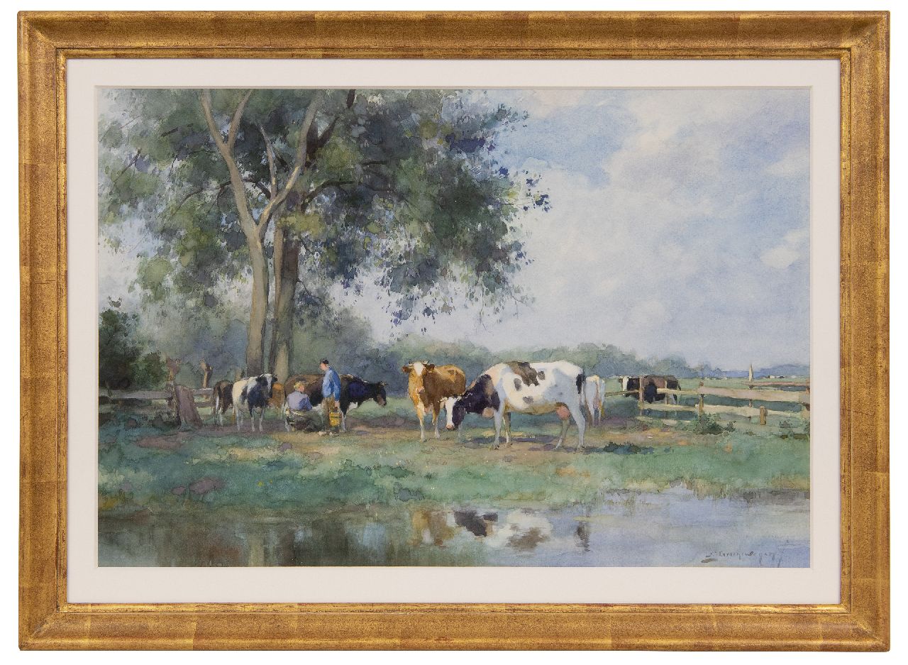 Groenewegen A.J.  | Adrianus Johannes Groenewegen | Watercolours and drawings offered for sale | Milking time, watercolour on paper 34.1 x 51.2 cm, signed l.r.