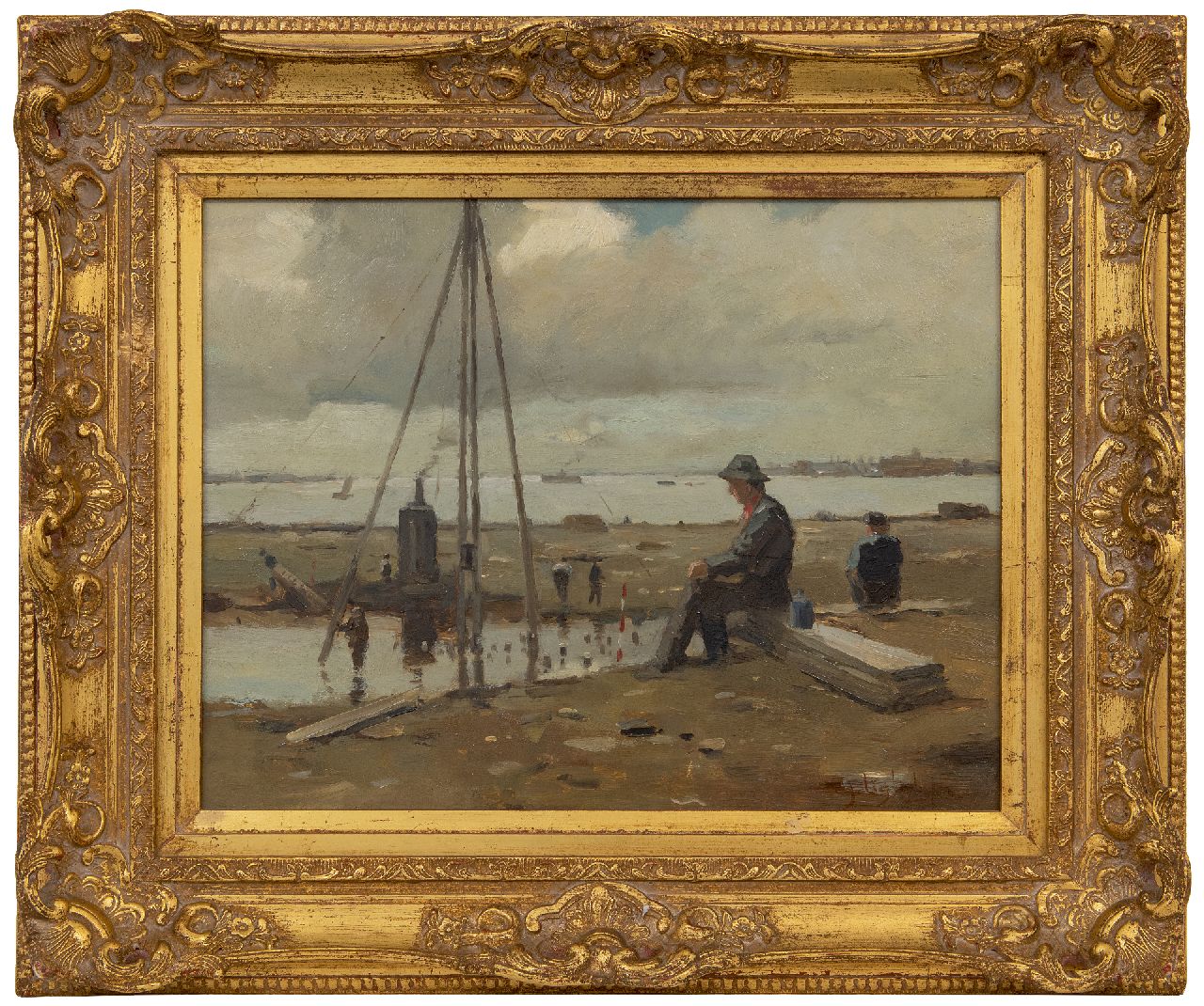 Ligtelijn E.J.  | Evert Jan Ligtelijn | Paintings offered for sale | Lunch time at the construction site, oil on panel 35.4 x 45.8 cm, signed l.r.