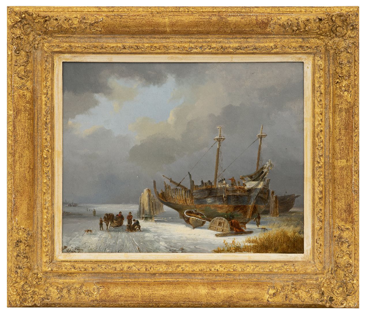 Nuijen W.J.J.  | Wijnandus Johannes Josephus 'Wijnand' Nuijen | Paintings offered for sale | Frozen landscape with figures and a shipyard, oil on panel 23.4 x 29.8 cm, signed l.l. and dated 1830