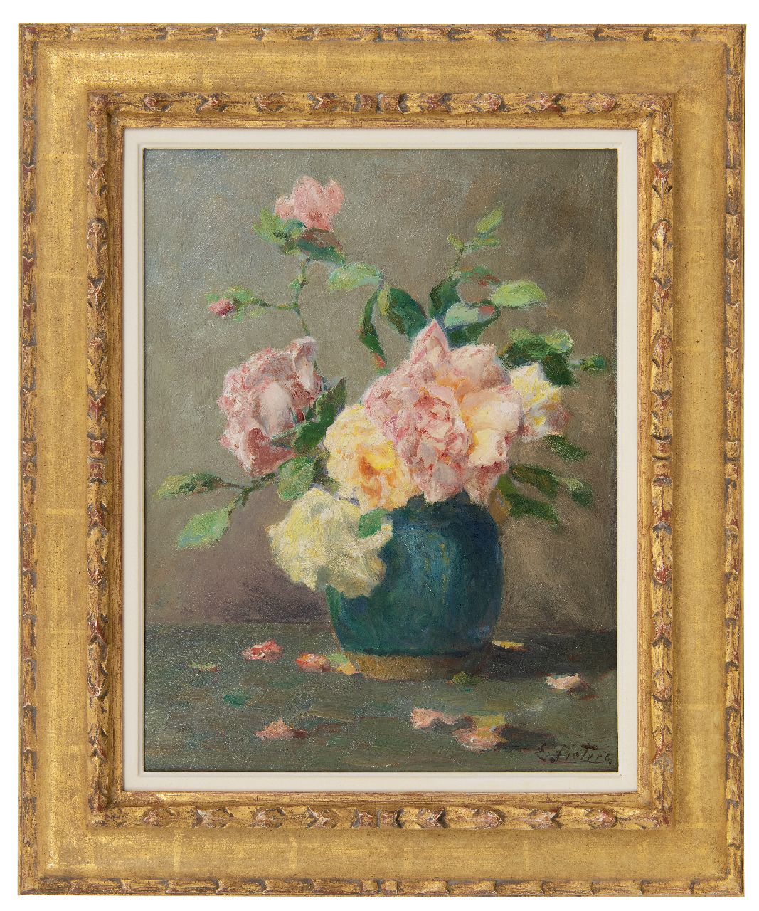 Pieters E.  | Evert Pieters | Paintings offered for sale | Green pot with roses, oil on panel 40.9 x 31.7 cm, signed l.r.