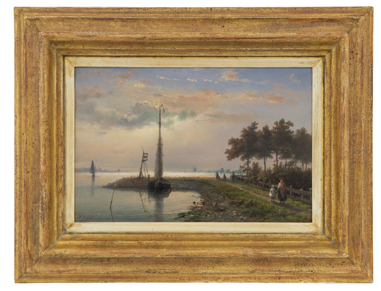 Koekkoek H.  | Hermanus Koekkoek, A tjalk moored by the breakwater, oil on panel 14.6 x 22.1 cm, signed l.l.