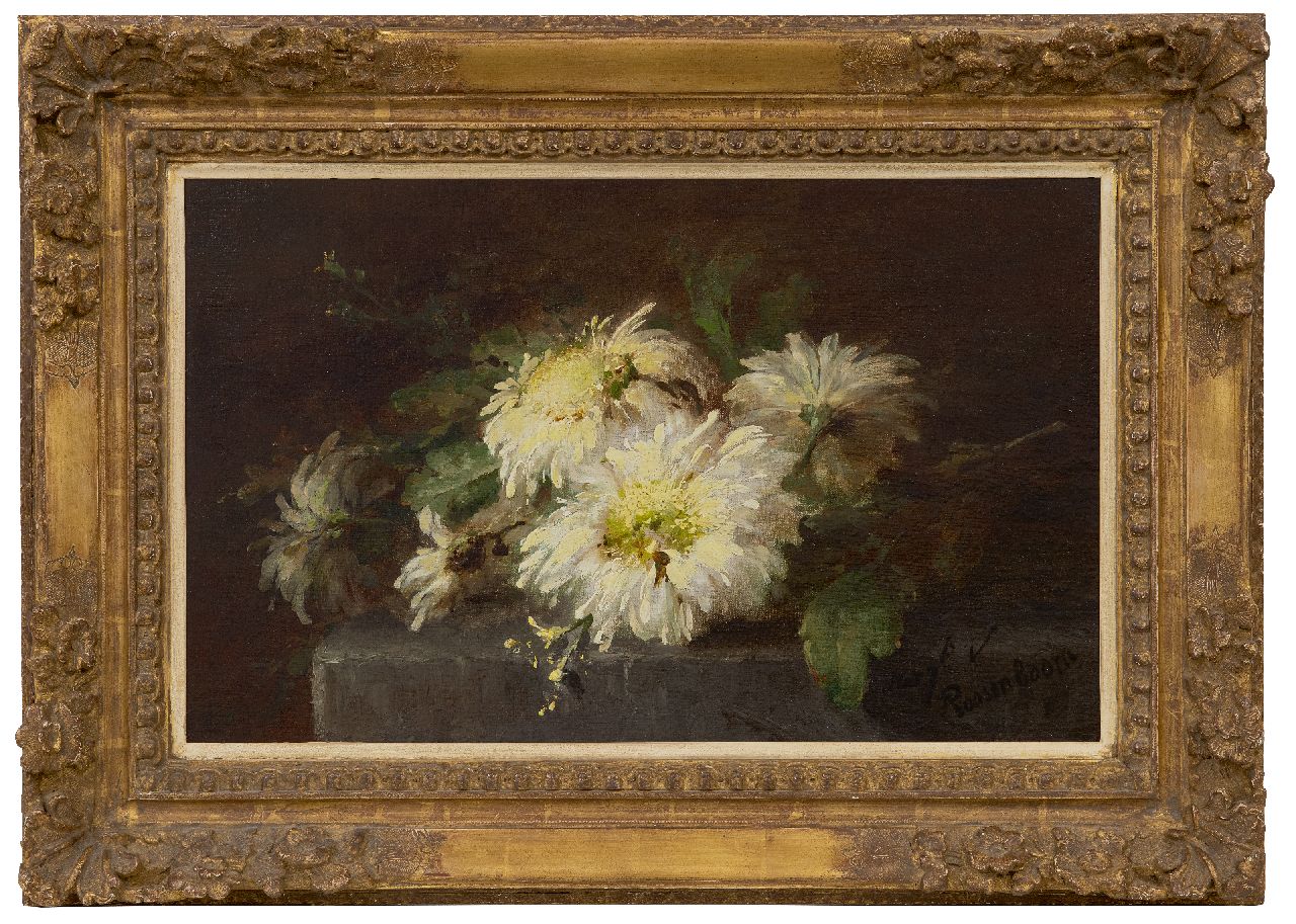 Roosenboom M.C.J.W.H.  | 'Margaretha' Cornelia Johanna Wilhelmina Henriëtta Roosenboom | Paintings offered for sale | Chrysanthemums on a stone ledge, oil on canvas 35.7 x 56.4 cm, signed l.r.