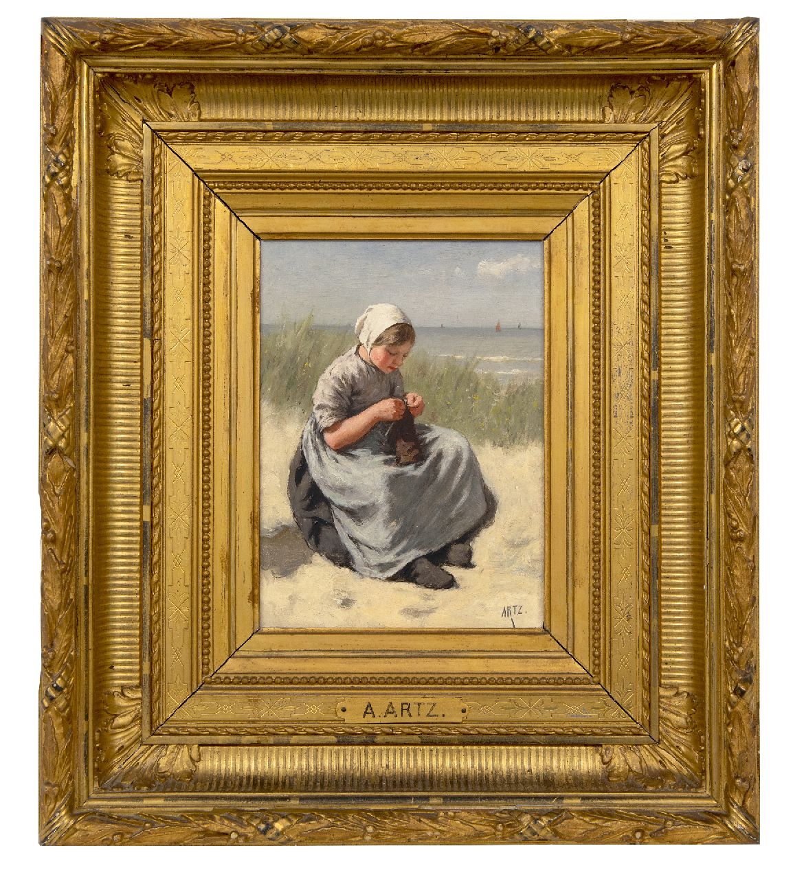 Artz D.A.C.  | David Adolphe Constant Artz | Paintings offered for sale | Girl knitting in the dunes of Katwijk (only together with pendant), oil on panel 22.5 x 16.3 cm, signed l.r.
