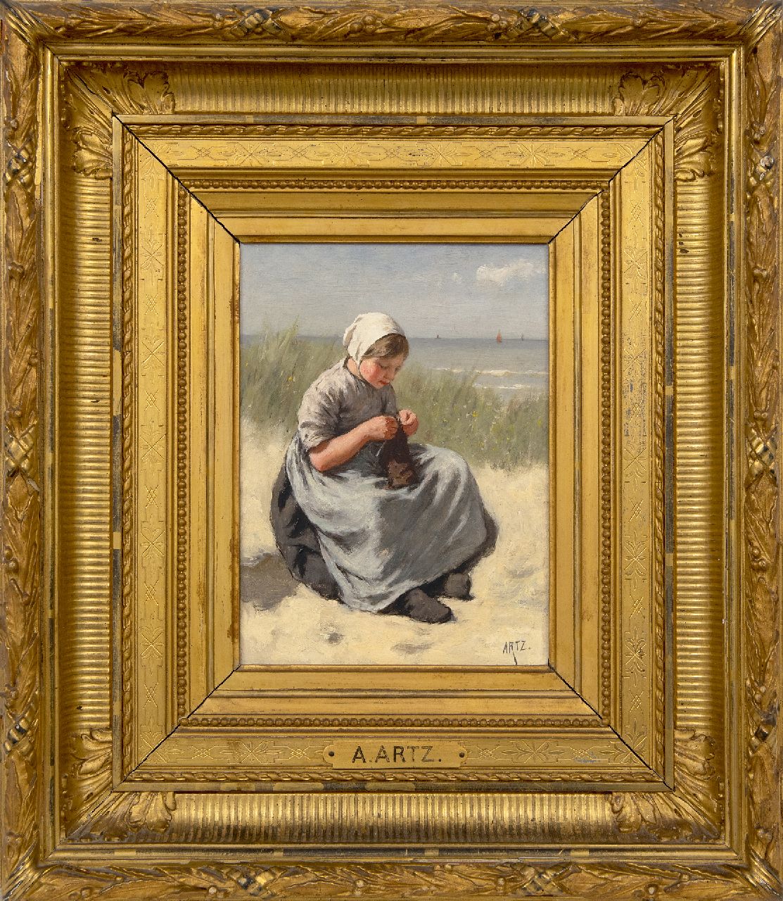 Artz D.A.C.  | David Adolphe Constant Artz, Girl knitting in the dunes of Katwijk (only together with pendant), oil on panel 22.5 x 16.3 cm, signed l.r.