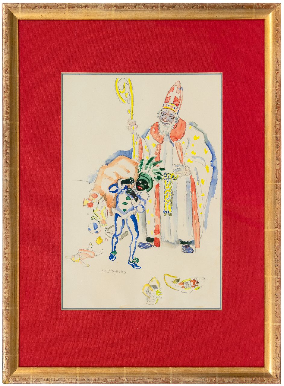Sluijters J.C.B.  | Johannes Carolus Bernardus 'Jan' Sluijters | Watercolours and drawings offered for sale | St. Nicholas Eve, 1946 with chewing tobacco and Bols in the shoes, watercolour on paper 47.5 x 32.2 cm, signed l.l. and executed 1946
