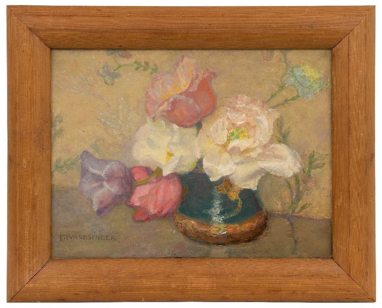 Wandscheer M.W.  | Maria Wilhelmina 'Marie' Wandscheer | Paintings offered for sale | Green pot with tulips, oil on panel 23.4 x 31.8 cm, signed l.l.