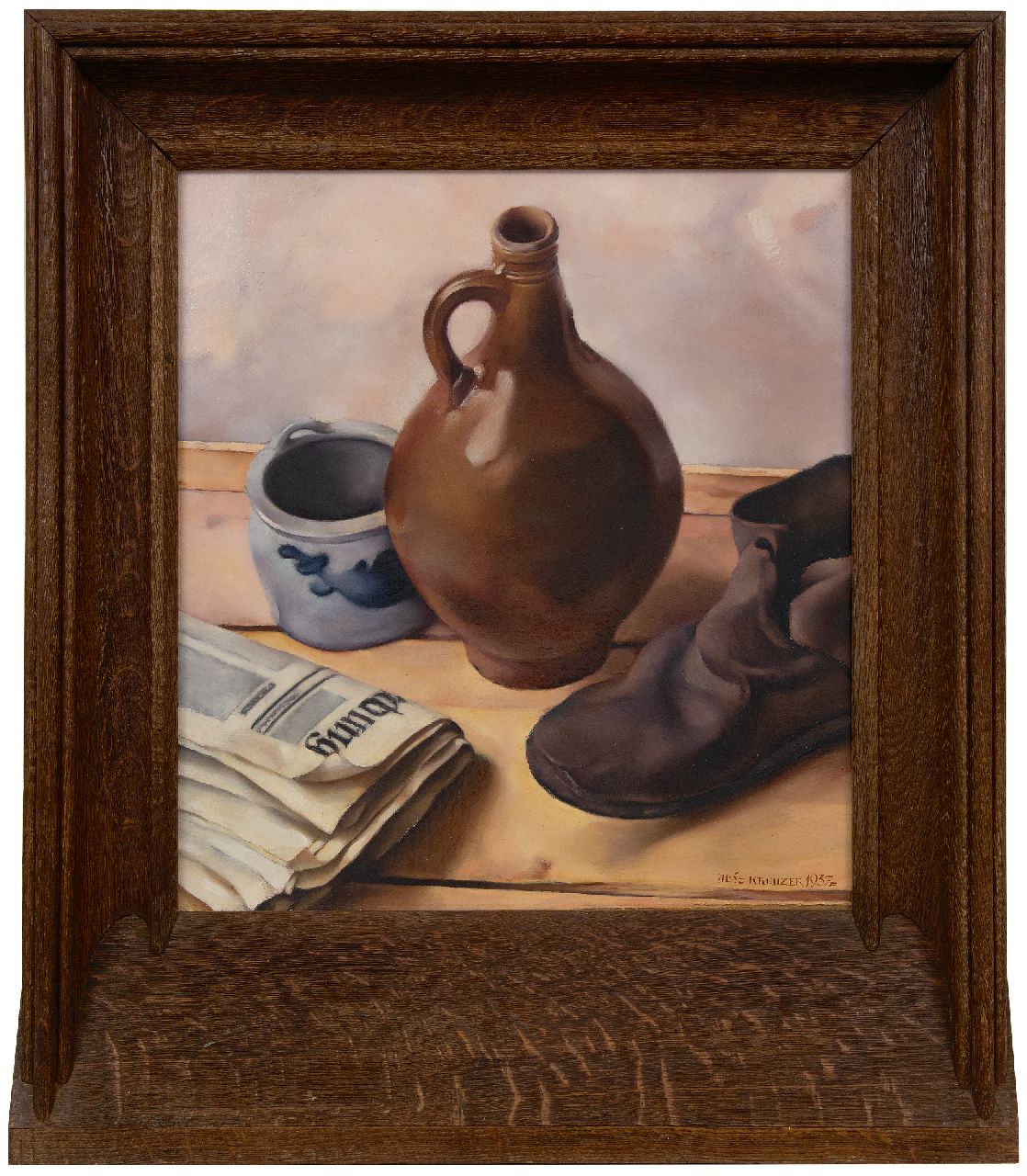 Kreuzer A.J.  | Aloys Johann Kreuzer | Paintings offered for sale | Stilllife with jug, newspaper and a shoe, oil on canvas laid down on board 49.6 x 45.8 cm, signed l.r. and dated 1937
