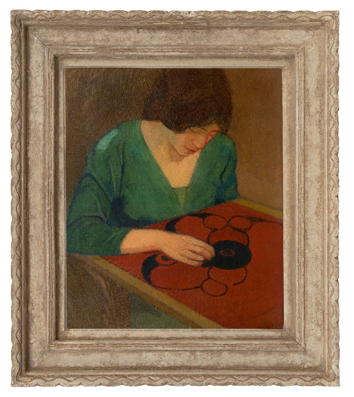 Rees O. van | Otto van Rees | Paintings offered for sale | Adya working on red embroidery, oil on canvas 65.2 x 54.0 cm, signed l.r. and dated 1910