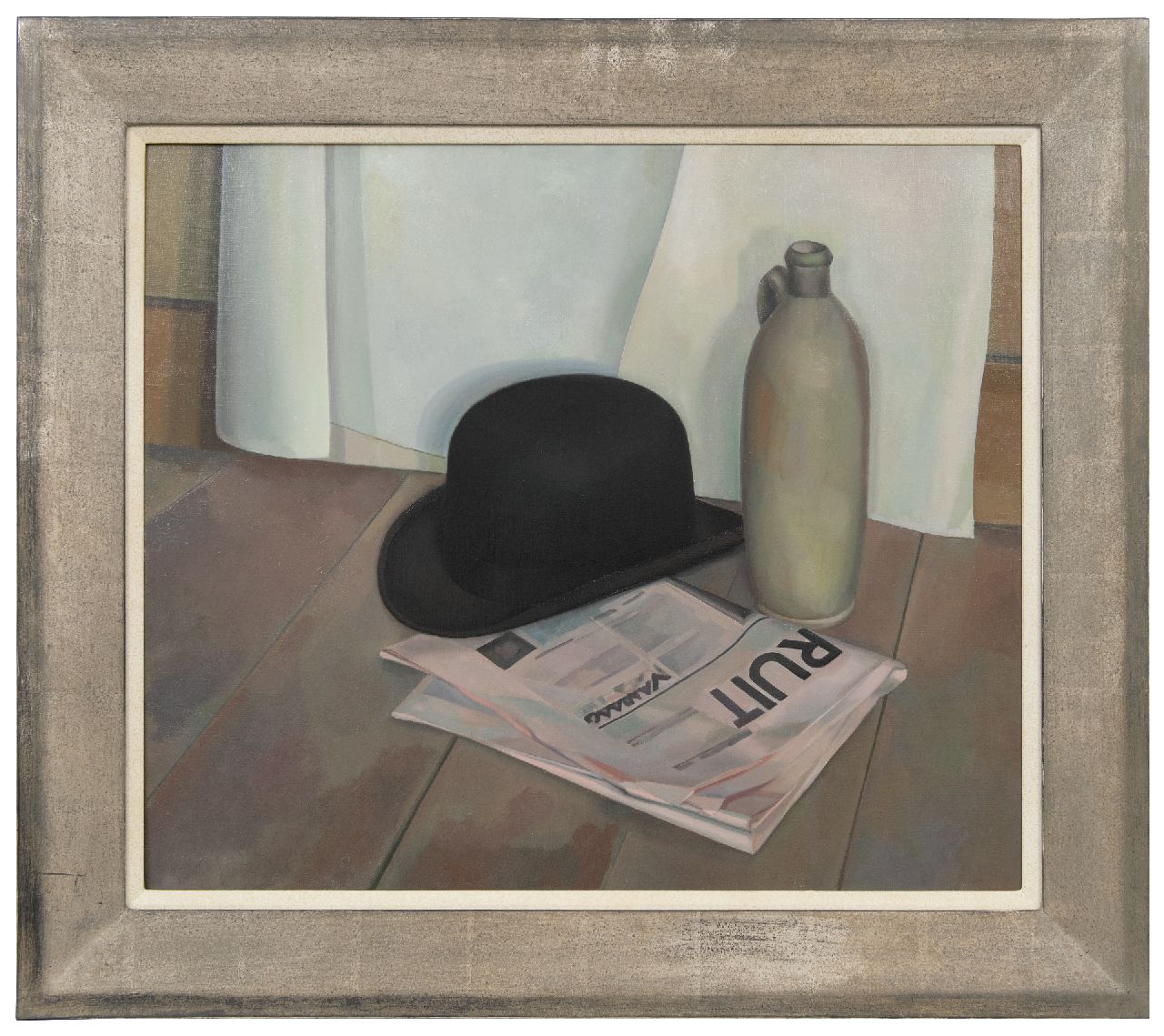 Berg J.M. van den | Josna Michiel 'Jos' van den Berg | Paintings offered for sale | Still life with bowler hat, jug and the dayly paper Vooruit, oil on canvas 60.3 x 70.5 cm, signed on the stretcher