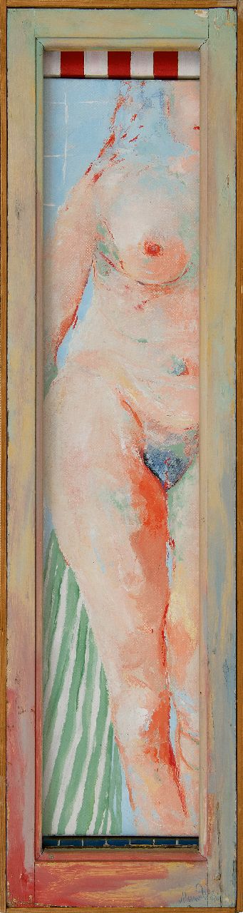 Hemert E. van | Evert van Hemert | Paintings offered for sale | Voyeur (woman taking a shower), acrylic on canvas 116.5 x 31.0 cm, signed l.r. and dated '82