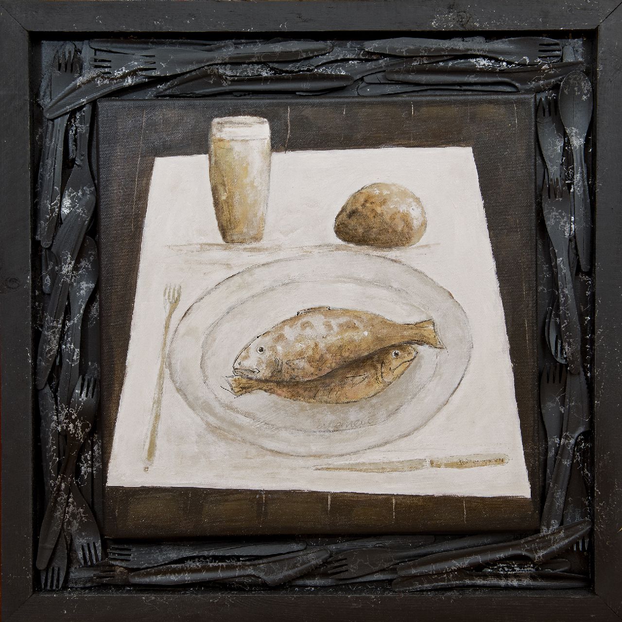 Hemert E. van | Evert van Hemert, The artist's breakfast, acrylic on canvas 57.0 x 57.0 cm, signed l.r. on the knife with monogram and dated MMXVII