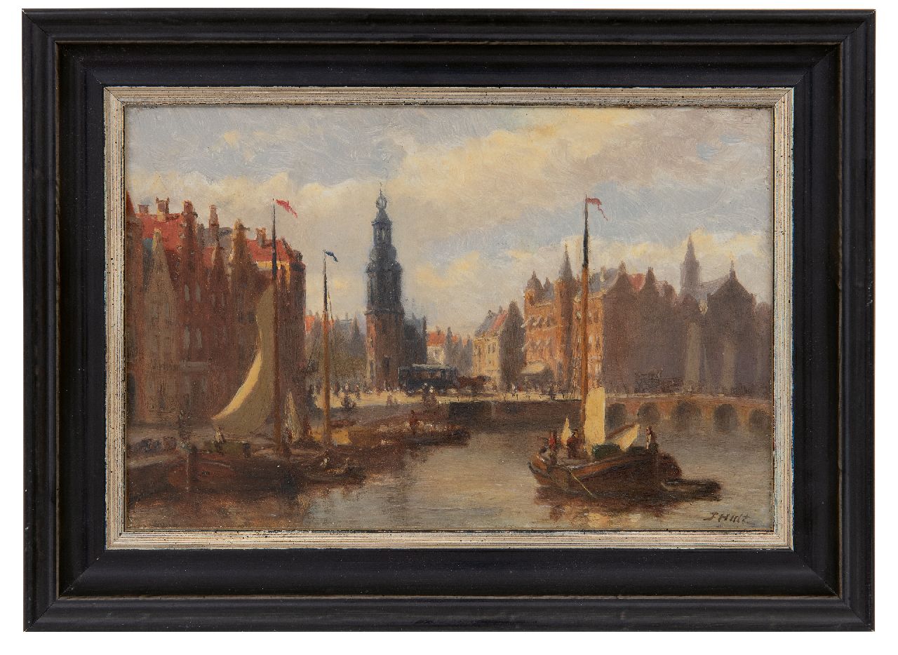 Hulk jr. J.F.  | Johannes Frederik 'John' Hulk jr. | Paintings offered for sale | The Rokin in Amsterdam with the Munttower and a horse tram, oil on panel 14.1 x 21.5 cm, signed l.r.