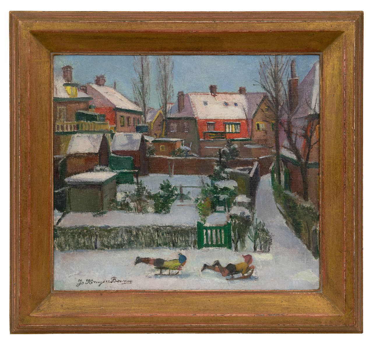 Kruyder-Bouman J.L.  | Johanna Laura 'Jo' Kruyder-Bouman | Paintings offered for sale | Sledding through town, oil on canvas 40.3 x 45.0 cm, signed l.l. and dated 1942
