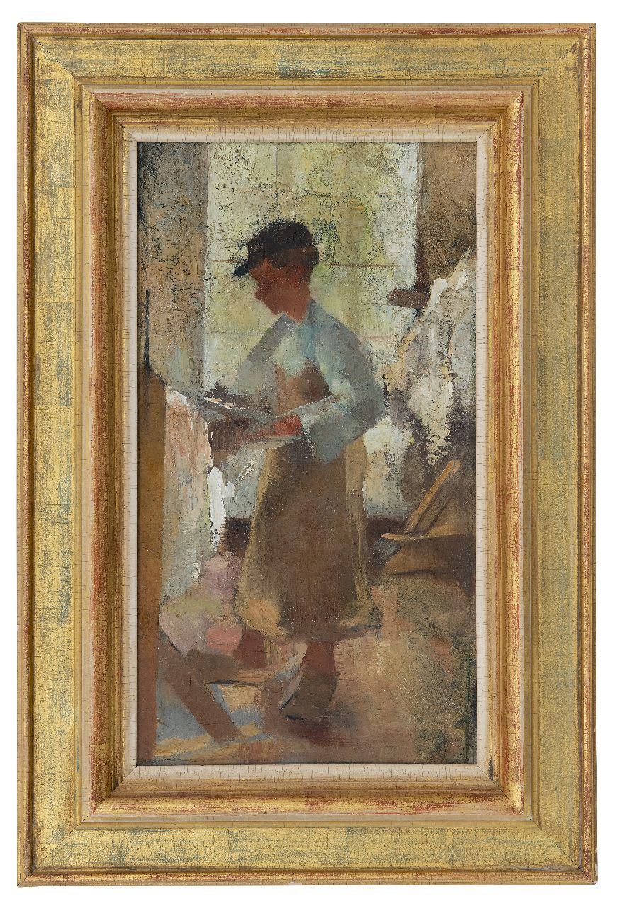 Rappard A.G.A. van | 'Anthon' Gerhard Alexander van Rappard | Paintings offered for sale | A  young workman at a stretching frame, oil on canvas 45.1 x 25.4 cm