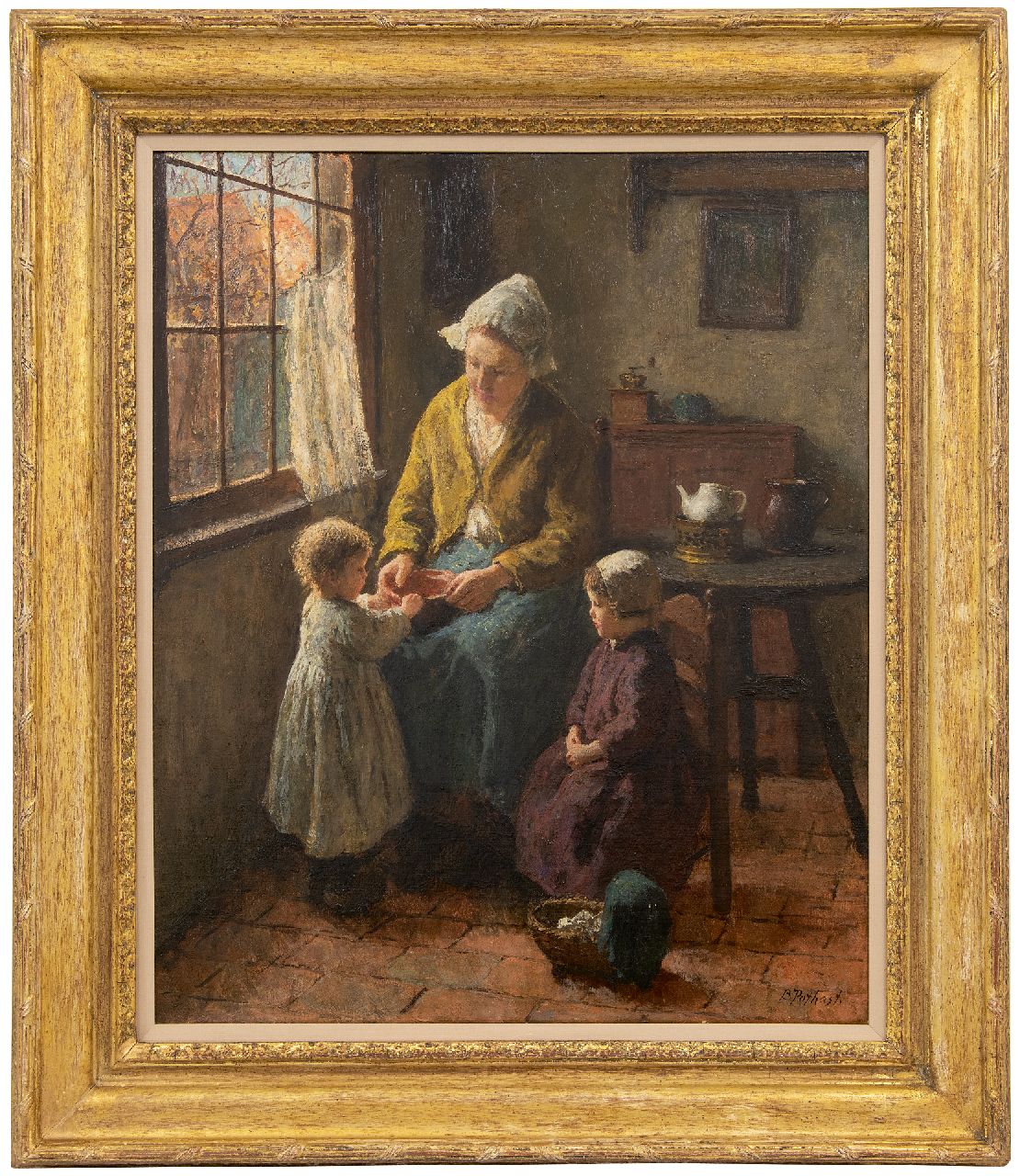 Pothast B.J.C.  | 'Bernard' Jean Corneille Pothast | Paintings offered for sale | Mother and her children in a Laren interior, oil on canvas 59.9 x 49.8 cm, signed l.r.