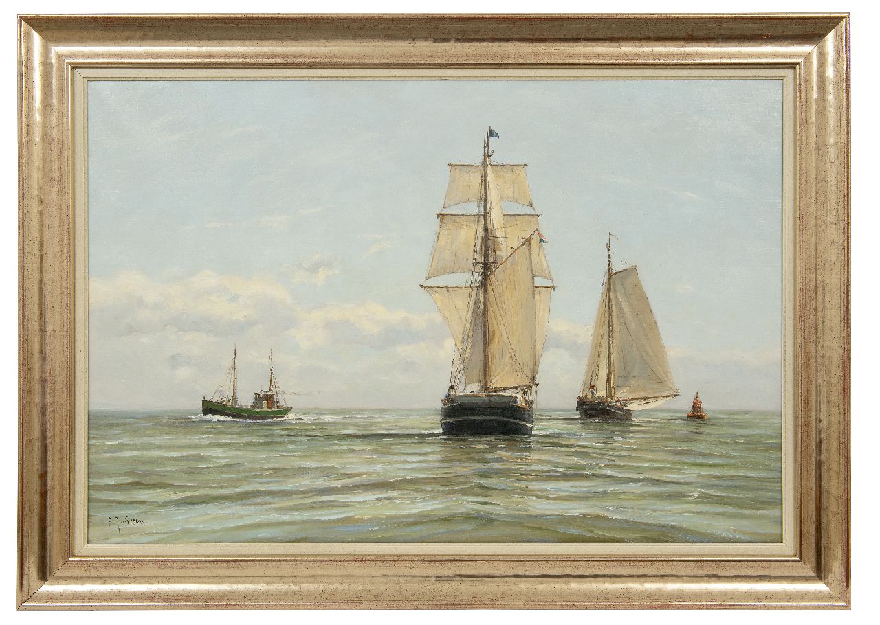 Goosen F.J.  | Frederik Johannes 'Frits' Goosen | Paintings offered for sale | Sailing cargo ships and fishing cutter at sea, oil on canvas 60.3 x 90.0 cm, signed l.l.