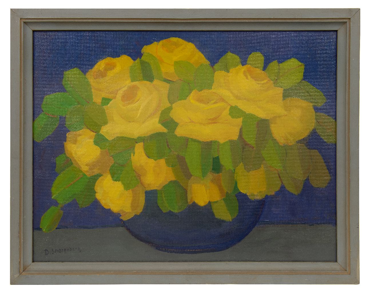 Smorenberg D.  | Dirk Smorenberg, Yellow roses in a blue vase, oil on board 55.0 x 72.7 cm, signed l.l.