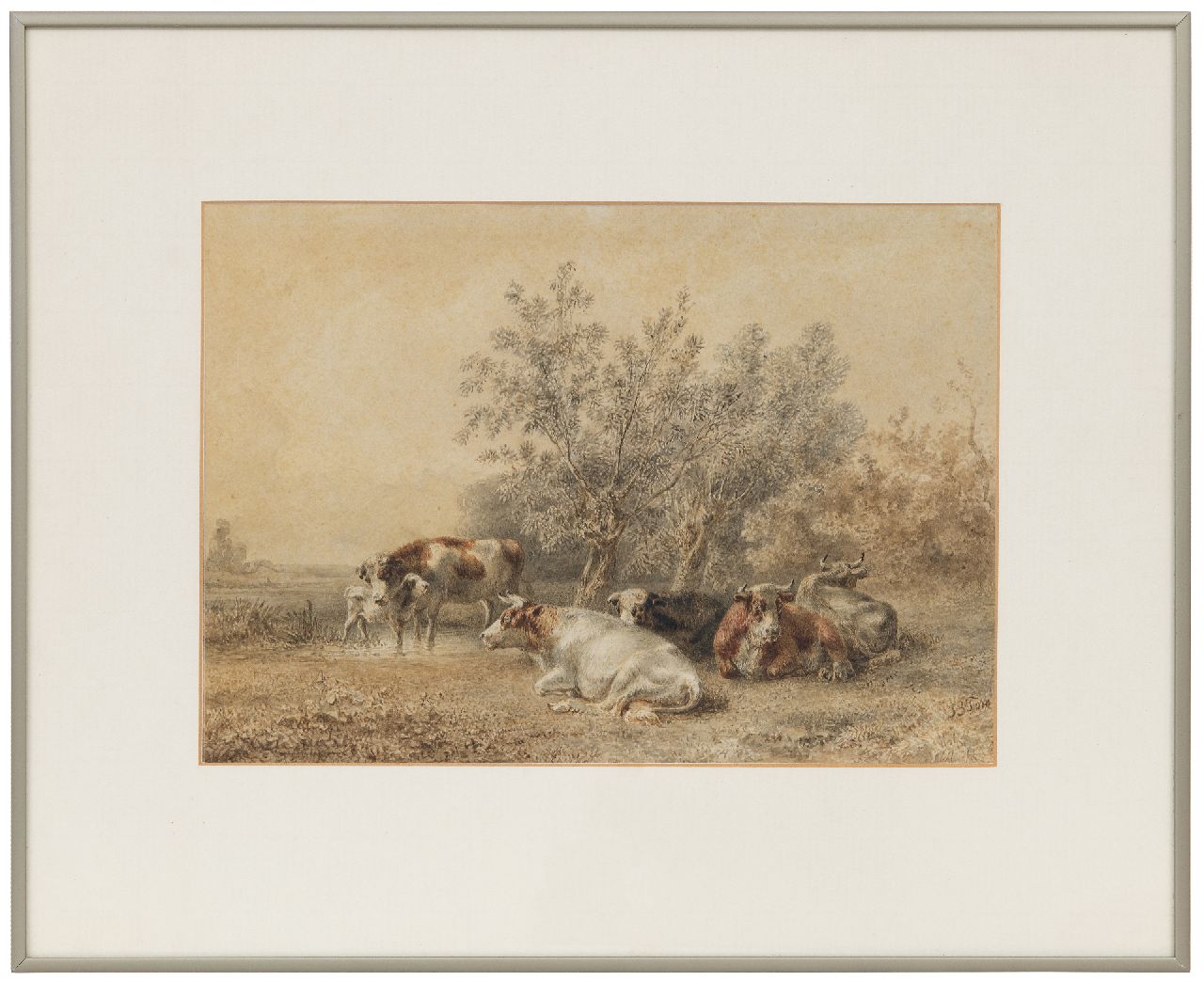 Tom J.B.  | Jan Bedijs Tom | Watercolours and drawings offered for sale | Cows at willow grove, ink and watercolour on paper 20.7 x 30.0 cm, signed l.r.