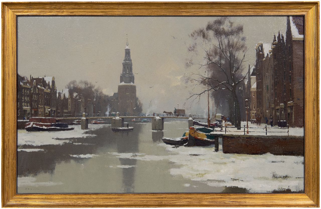 Ligtelijn E.J.  | Evert Jan Ligtelijn | Paintings offered for sale | Winter view of the Montelbaanstoren in Amsterdam, oil on canvas 56.8 x 90.6 cm, signed l.l.