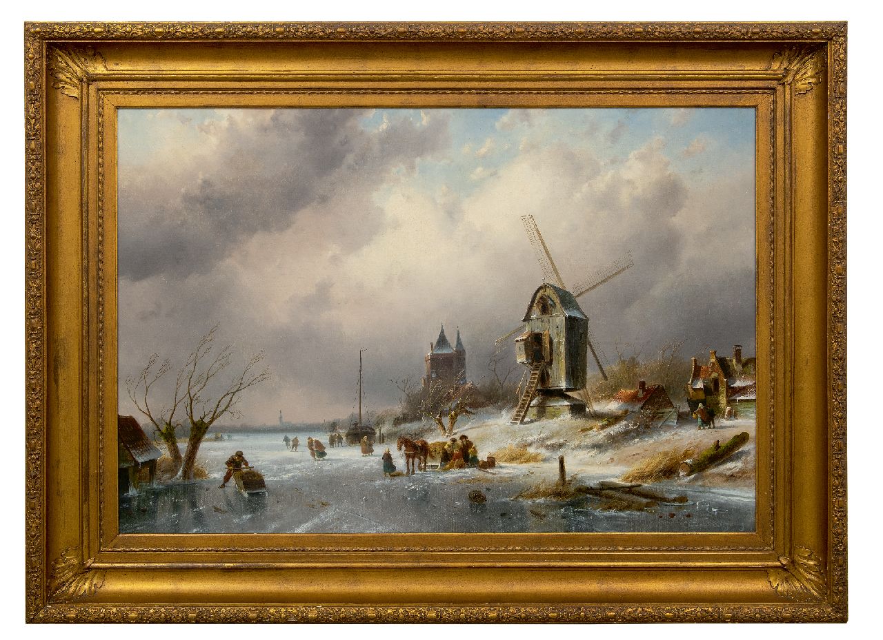 Leickert C.H.J.  | 'Charles' Henri Joseph Leickert, Winterlandscape with skaters and windmill, oil on canvas 77.8 x 115.1 cm, signed l.r.