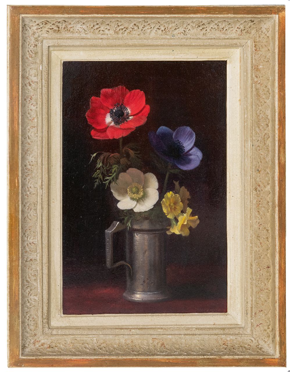 Eversen J.H.  | Johannes Hendrik 'Jan' Eversen | Paintings offered for sale | Still life with anemones and primula in a pewter jug, oil on panel 33.0 x 23.1 cm, signed l.r.