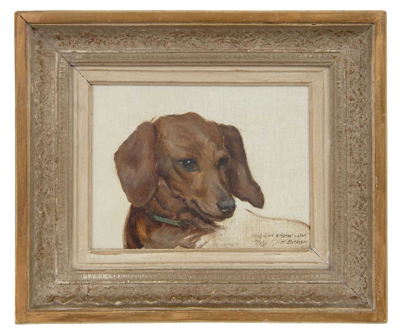 Eversen J.H.  | Johannes Hendrik 'Jan' Eversen | Paintings offered for sale | Portrait of a Dachshund, oil on panel 17.9 x 23.9 cm, signed l.r. and dated 17/5/55