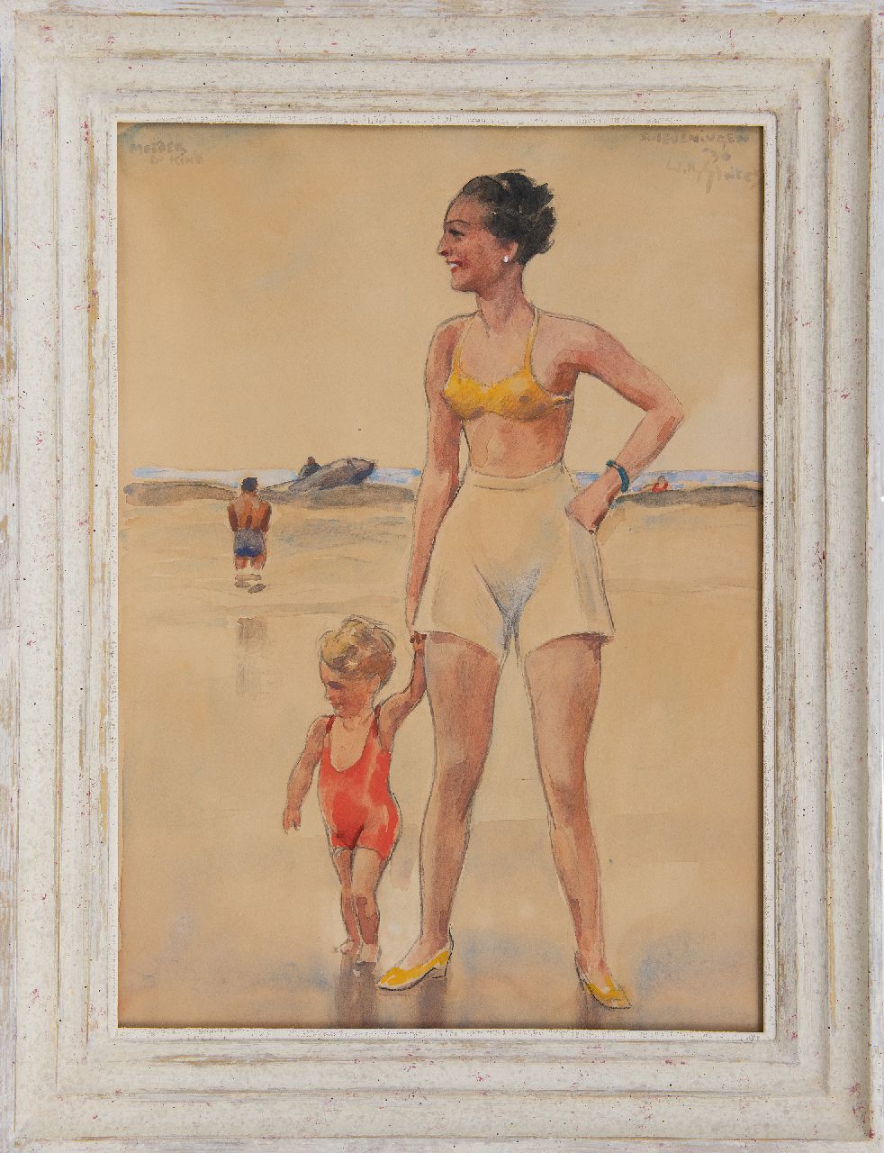 Sluiter J.W.  | Jan Willem 'Willy' Sluiter, Mother and child on the Scheveningen beach, chalk and watercolour on board 49.0 x 35.7 cm, signed u.r. and dated 'Scheveningen' '36