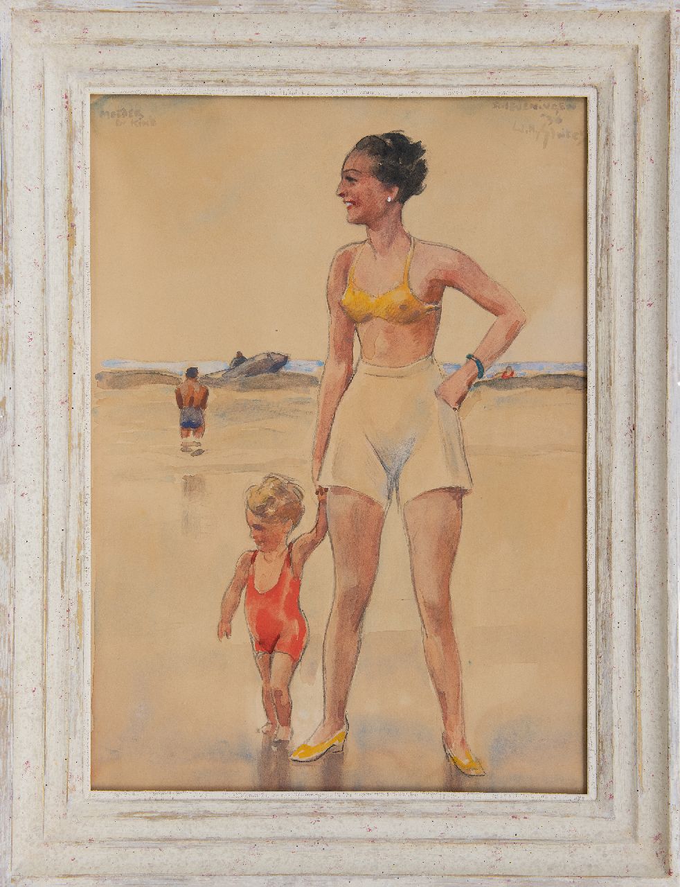 Sluiter J.W.  | Jan Willem 'Willy' Sluiter | Watercolours and drawings offered for sale | Mother and child on the Scheveningen beach, chalk and watercolour on board 49.0 x 35.7 cm, signed u.r. and dated 'Scheveningen' '36