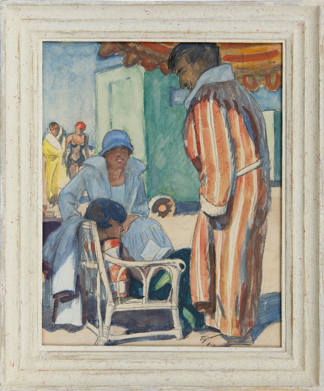 Sluiter J.W.  | Jan Willem 'Willy' Sluiter | Watercolours and drawings offered for sale | A family on the Scheveningen beach, chalk and watercolour on board 47.0 x 37.0 cm, signed l.r.