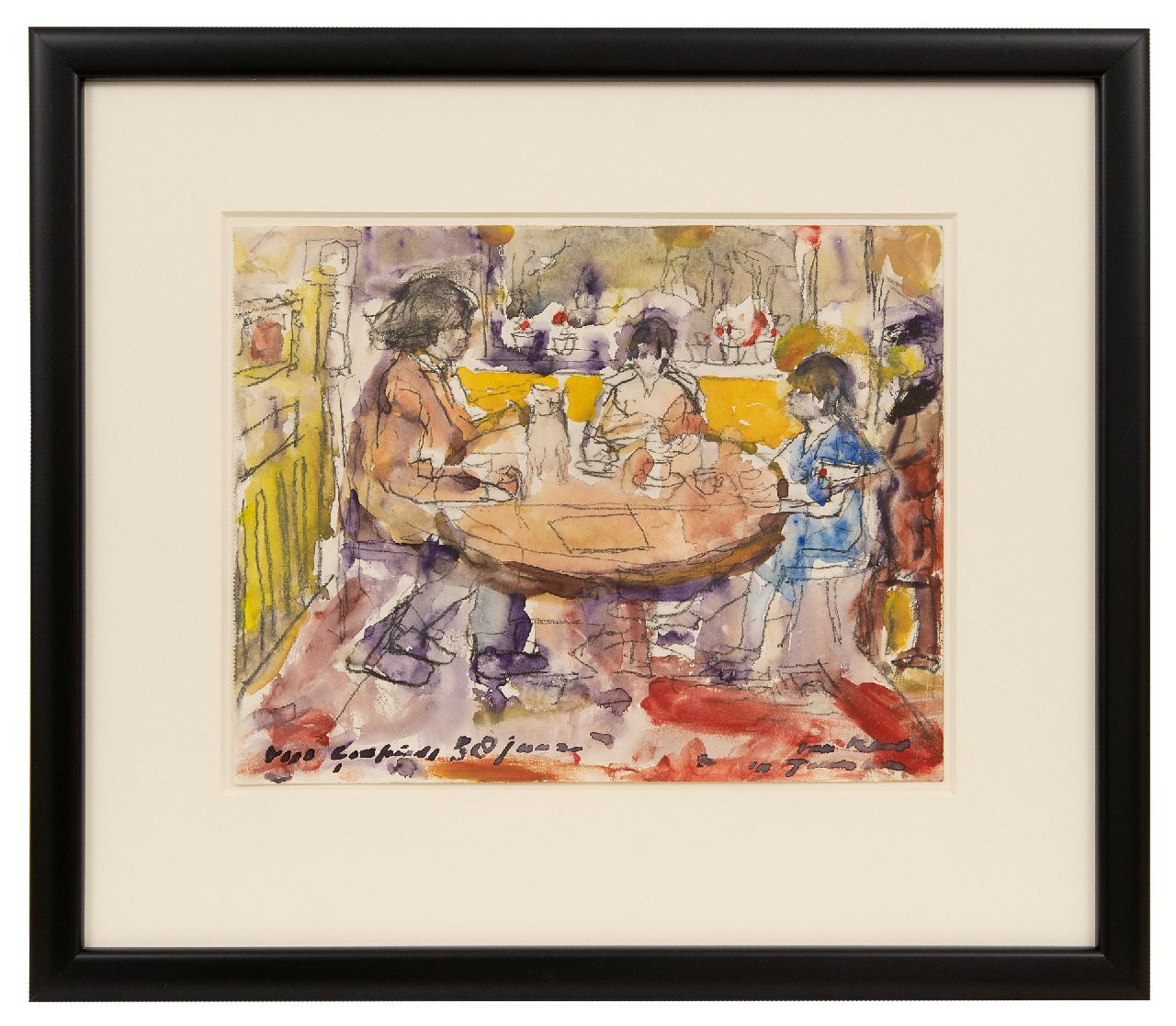 Verwey K.  | Kees Verwey | Watercolours and drawings offered for sale | Godfried and Pietsie Bomans with their daughter at the table, chalk and watercolour on paper 24.0 x 30.5 cm, signed l.r. and painted ca. 1971