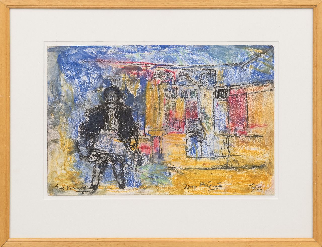 Verwey K.  | Kees Verwey | Watercolours and drawings offered for sale | Woman in a street, chalk and watercolour on paper 26.8 x 39.8 cm, signed l.l. and dated '90