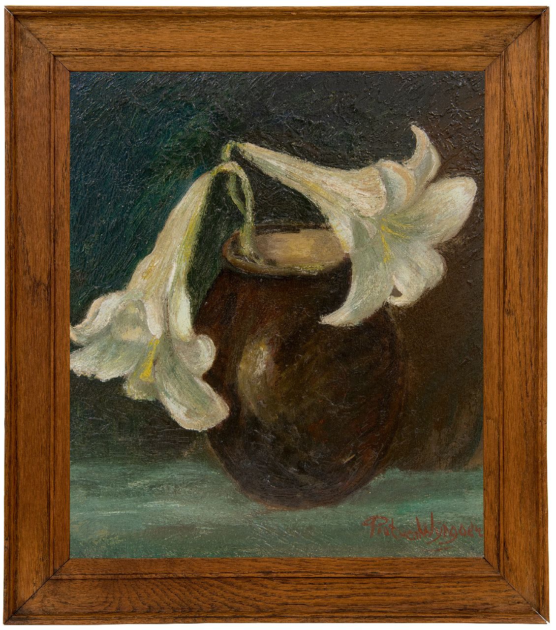 Wijngaerdt P.T. van | Petrus Theodorus 'Piet' van Wijngaerdt | Paintings offered for sale | Lily branch in a vase, oil on panel 35.1 x 32.4 cm, signed l.r.