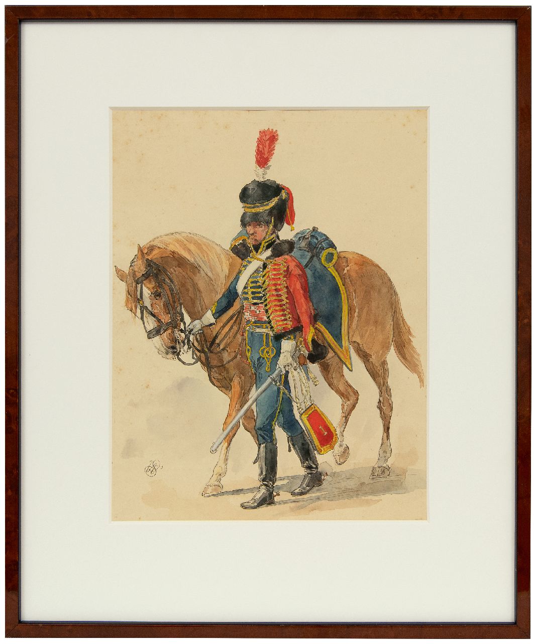 Staring W.C.  | Willem Constantijn Staring | Watercolours and drawings offered for sale | Dragoon next to his horse, ink and watercolour on paper 29.5 x 22.6 cm, signed l.l. with monogram