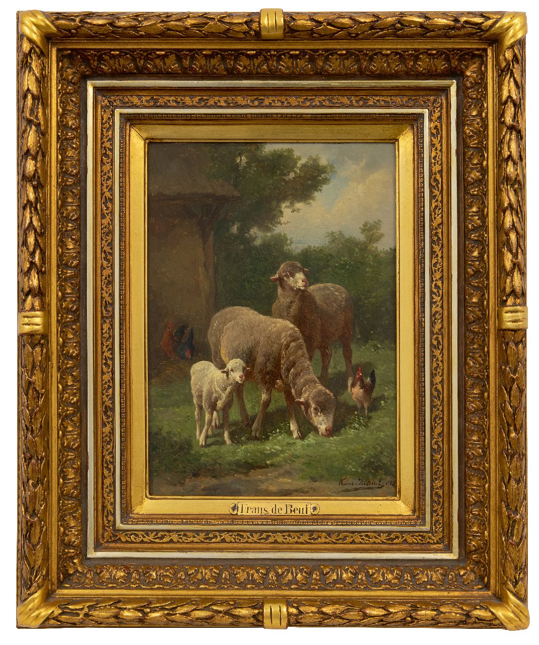 Beul F. de | Frans de Beul | Paintings offered for sale | Sheep and a lamb in the meadow, oil on panel 34.1 x 23.8 cm, signed l.r. and dated 1883
