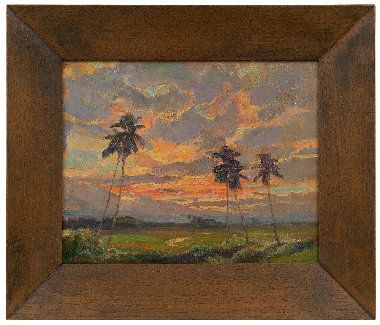 Dezentjé E.  | Ernest Dezentjé, Sunset in the vicinity of the culture garden Tjikeumeuh, Buitenzorg, oil on panel 31.9 x 39.3 cm, signed l.l. and on the reverse