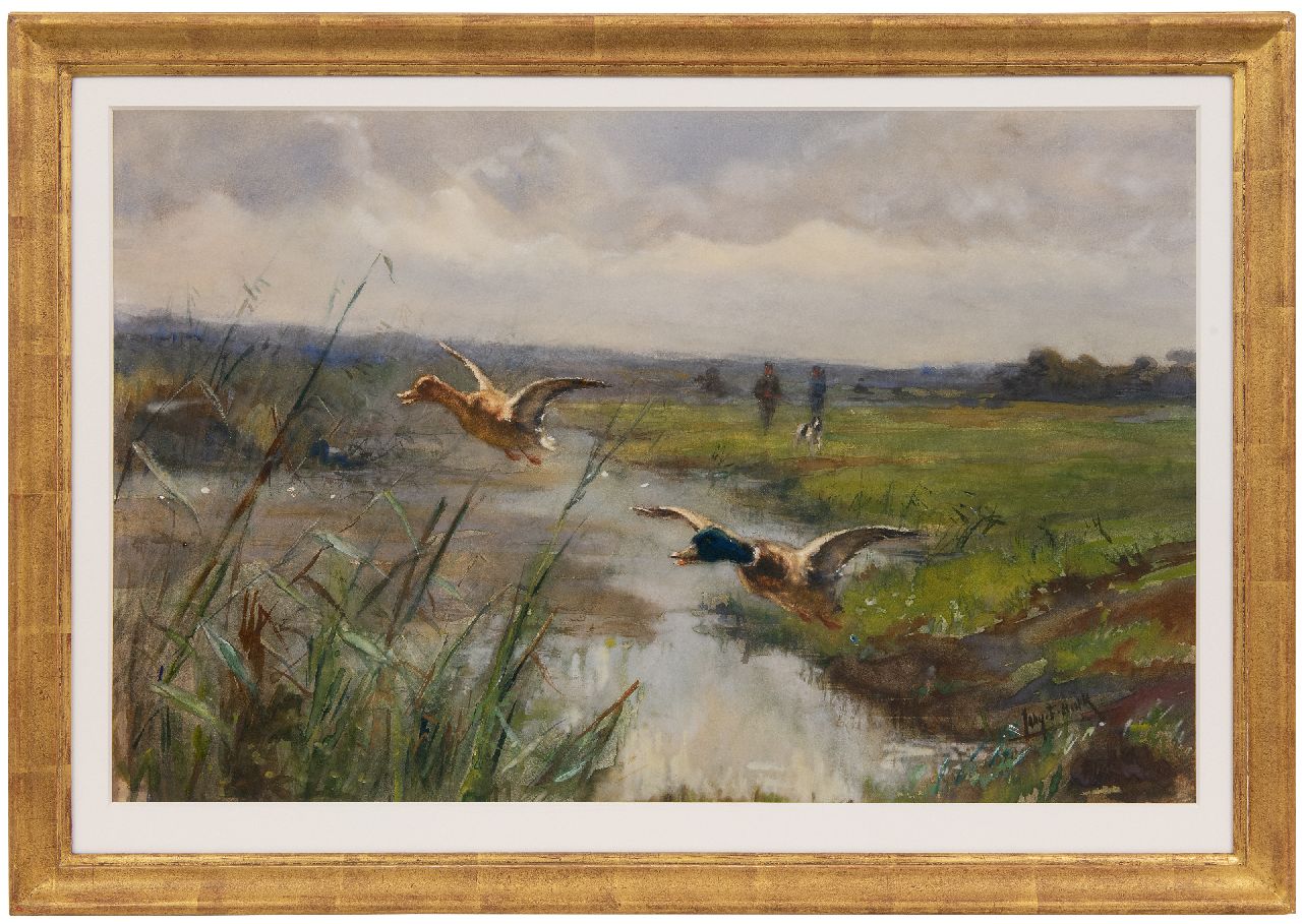 Hulk jr. J.F.  | Johannes Frederik 'John' Hulk jr. | Watercolours and drawings offered for sale | River landscape with flying ducks, watercolour on paper 38.6 x 60.7 cm, signed l.r.