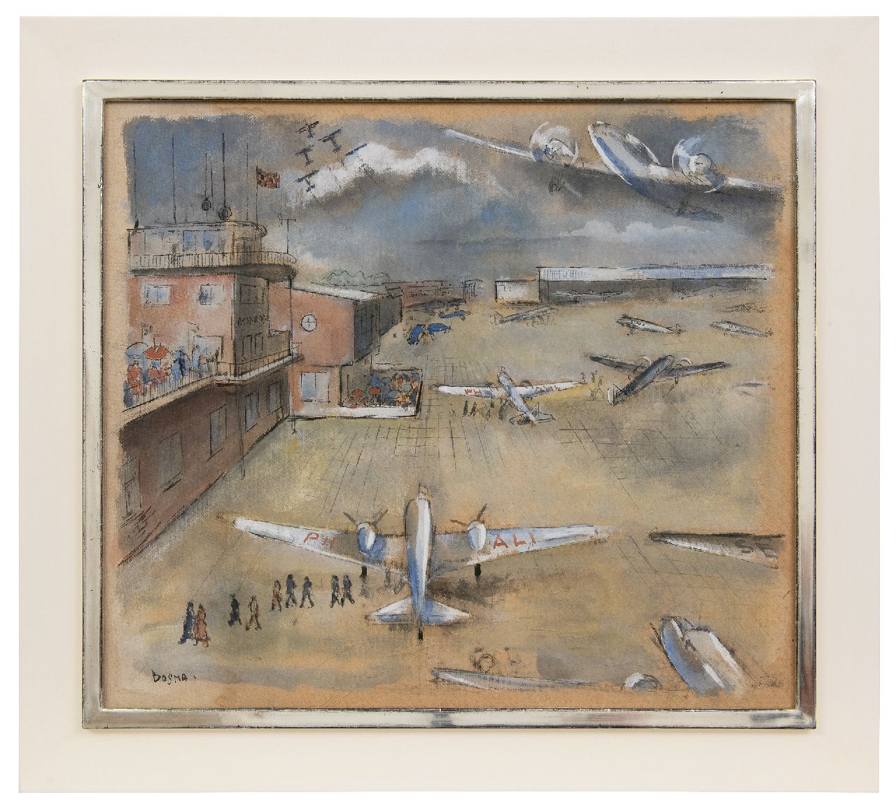 Bosma W.  | Willem 'Wim' Bosma, Airport Schiphol with the KLM Douglas DC-3 'Ibis', chalk and gouache on cardboard 54.4 x 62.0 cm, signed l.l. and executed late 30s