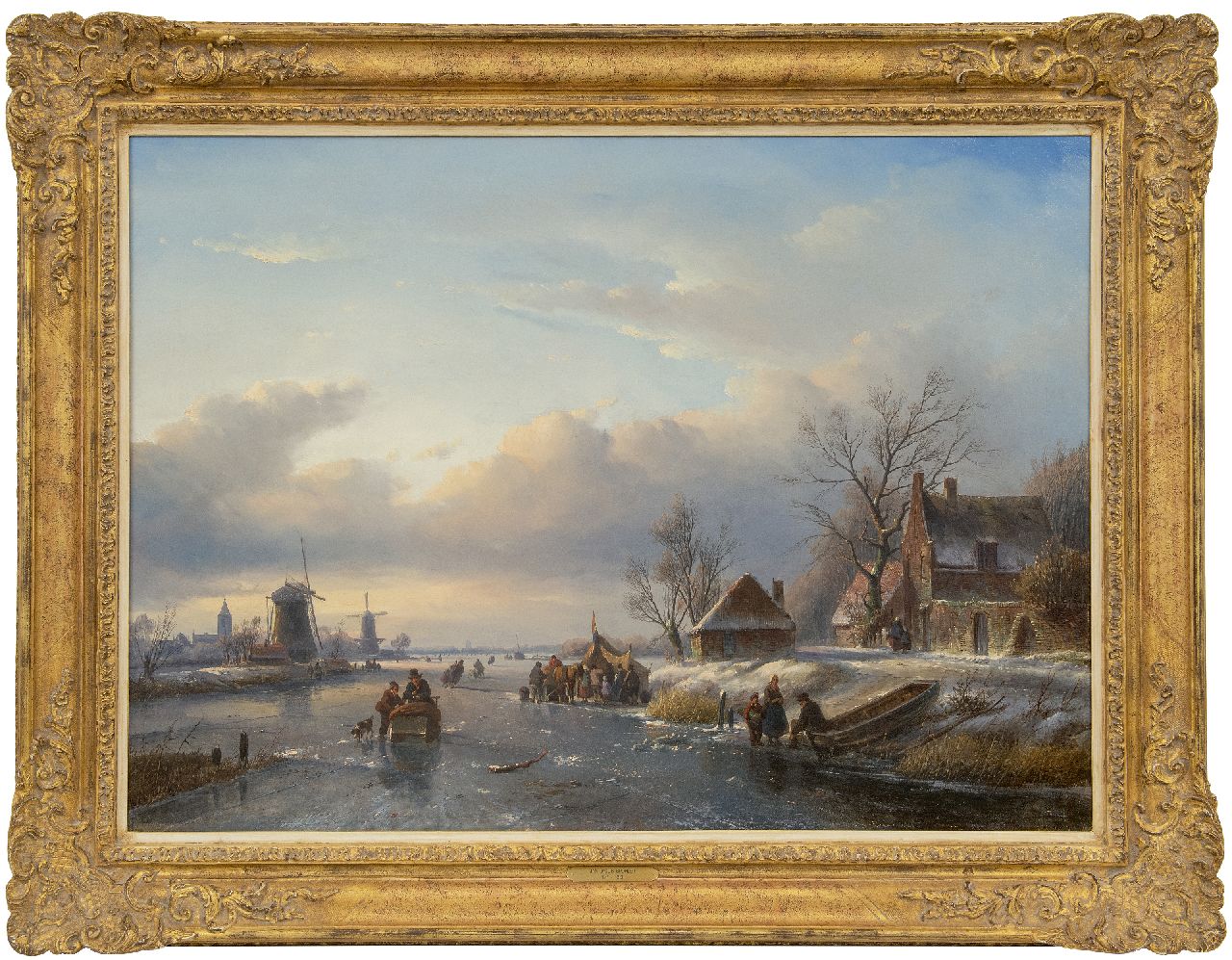 Spohler J.J.  | Jan Jacob Spohler, Ice scene with skaters, sleds and a 'koek-en-zopie', oil on canvas 59.7 x 82.2 cm, signed l.l.