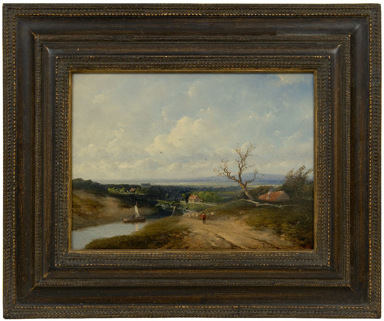 Madlener A.J.  | Antonius Josephus Madlener | Paintings offered for sale | An extensive river landscape with a shepherd and flock, oil on panel 21.7 x 29.7 cm, signed l.r. and dated '54