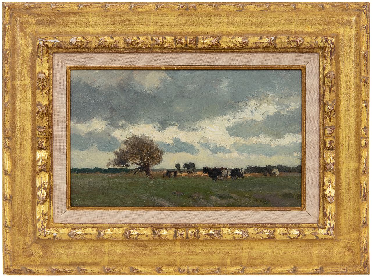 Weissenbruch H.J.  | Hendrik Johannes 'J.H.' Weissenbruch, A Dutch landscape with cows in a meadow, oil on panel 15.0 x 25.1 cm