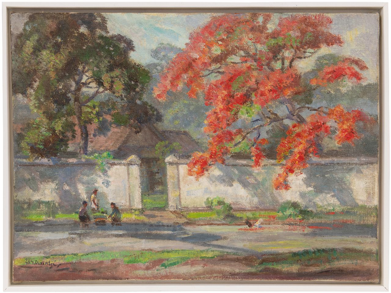 Dezentjé E.  | Ernest Dezentjé, Garden wall with flame tree in bloom, oil on canvas 40.3 x 55.1 cm, signed l.l.